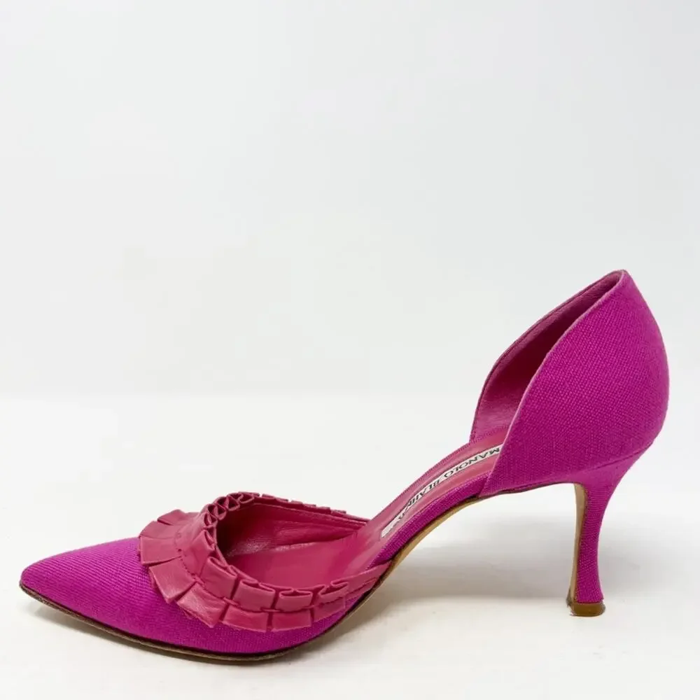 Manolo Blahnik D’Orsay Heels Pink Canvas Pointed Toe Womens Size EU 36.5